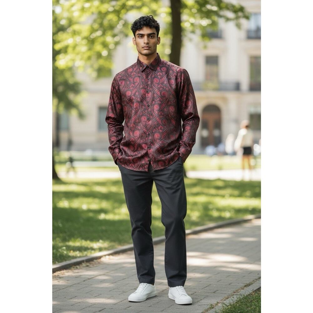 Barry Wang Men’s L Red And Black Paisley Button Up Shirt Long Sleeve
